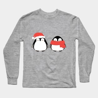 Couple of cute penguins, friends in winter Christmas red hat and scarf. Long Sleeve T-Shirt